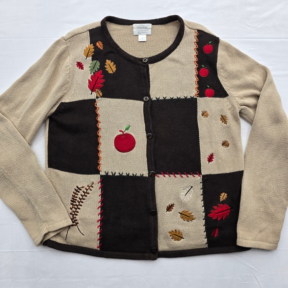 Vintage Grannycore Cardigan Sweater M Embroidered Fall Apple Harvest Cottagecore